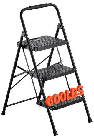VEVOR Escabeau Pliant 3 Marches Marchepied Pliable Charge 272 kg Échelle Domestique en Acier pour Cuisine, Bureau, Travaux Ménagers, avec Large Marche Antidérapante, Poignée, Léger et Portable, Noir