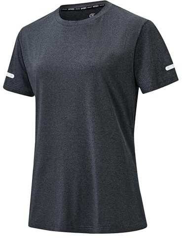 Tyhengta Damen Leichtes Sportshirt Schnell Trocknend Kurzarm Rundhals für Laufen Fitness Training mit Reflektierenden Streifen und UPF50+ Sonnenschutz