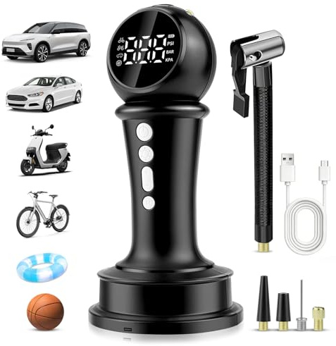 HONEYYEAR Tyre Inflator Portable Air Compressor - Portable Cordless Mini Air Pump with Digital Pressure Gauge, LED Light and Auto Shut-Off Function - Cordless Pump for Car, Motorcycle, Bicycle, Ball