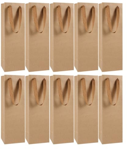 COHEALI 10 Pcs Kraft Paper Wine Bottle Bags 11x9x35cm Red Wine Carrier Pouches Single Bottle with Handle for Party Packaging