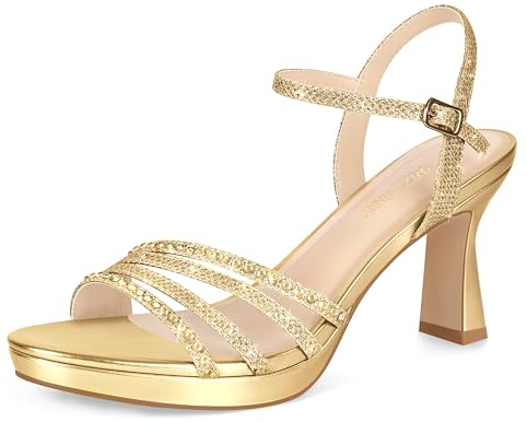 PIZZ ANNU Lena Sandalias Plataforma Mujer Verano Comodas con Hebilla Ajustable, Zapatos Fiesta Tacones Boda de Vestir Tiras Moda, Punta Abierta con Brillantes Dorado EU 42