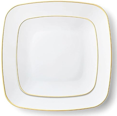 12 Assiettes Carrées Réutilisables Blanches, Bord Doré, Plastique Rigide, 6 Grandes 26cm + 6 Petites 19cm, Design Élégant, Légérement creuse, Décoration Mariage, Anniversaire