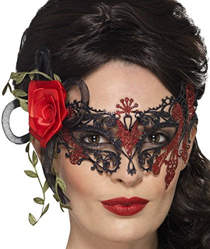 Amakando Venezianische Augenmaske mit Rosen - schwarz-rot - La Catrina Venedigmaske Halloweenmaske Sugar Skull Tag der Toten Maske Ballmaske für Maskenball Dia de los Muertos Maske