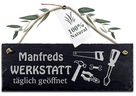 Dekolando Geschenk Werkstatt Schild Personalisiert Schiefertafel 22cm x 8cm Personalisierte Geschenke Wunschtext Werkstattschild Papa Opa Handwerker Geburtstag Deko Weihnachten Türschild Wetterfest
