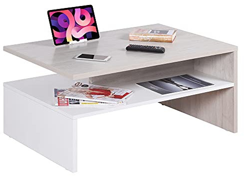 RICOO Kleiner Tisch 90 x 60 x 42 cm Holz Weiß und Eiche Hellbraun Beige WM080-W-EP, Fernseher TV Wohnzimmertisch Couchtisch mit Stauraum