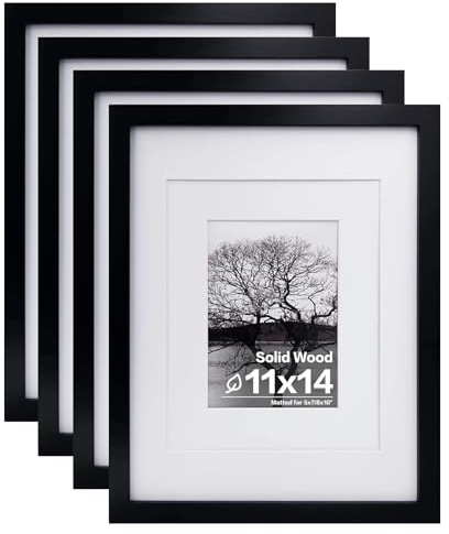 Egofine 11x14 Picture Frames Set of 4, Made of Solid Wood Covered by Plexiglass 5x7 and 8x10 with Mat or 11x14 without Mat, for Table Top Display and Wall Mounting Photo Frame Black