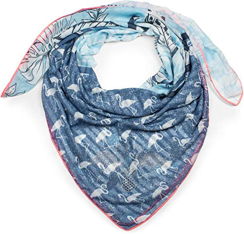 styleBREAKER Damen XXL Dreieckstuch mit Flamingo, Blumen, Palmen und Papageien Aufdruck und Strass Applikation, Schal, Tuch 01016179, Farbe:Blau-Hellblau