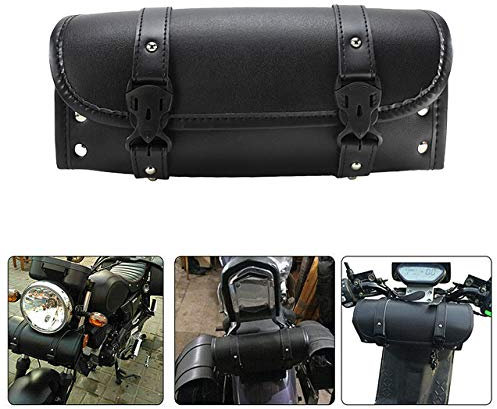 HDBUBALUS Universale Motorrad-Lenker-Werkzeugtasche Vorderradgabel Rollenaufbewahrung Sissy Bar Barrel Tasche PU Leder Schwarz