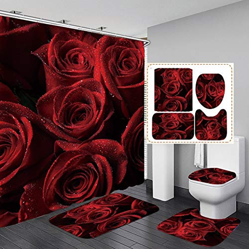 Hankyky Moderne 4Pcs Duschvorhänge Set Rose Dusche Vorhang Set wasserdichte Stoff Bad Vorhang Set mit Haken für Valentinstag Badezimmer