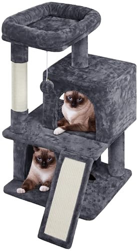 Yaheetech Arbre à Chat avec Griffoir et Poteaux en Sisal Centre d'activités 2 Niches 1 Boule de Peluche et 1 Platforme 49 x 45,5 x 91 cm Gris Foncé