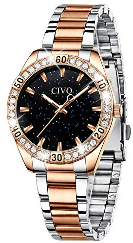 CIVO Damen Uhren Roségold Edelstahl Sternenhimmel Designer Analoge Quarz Wasserdicht Elegant Armbanduhr für Damen Mädchen