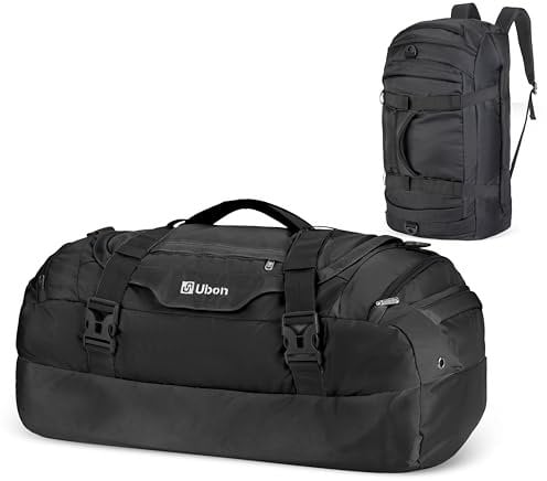 Ubon Large 55L Unisex Duffle Bag Weekender Taschen mit Laptop Storage Vented Wäscherei Schuhfach Kompression Riemen Reiseausrüstung für Wandern Camping Strand Ausflüge Gym Schwarz 55L