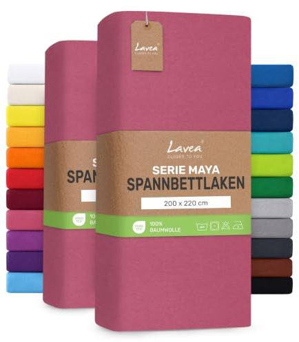 Lavea® 2er Pack Spannbettlaken 200x220cm – Koralle | 100% Baumwolle – Für Boxspringbetten und Wasserbetten – Für Matratzen bis ca. 35 cm Höhe – Formstabil