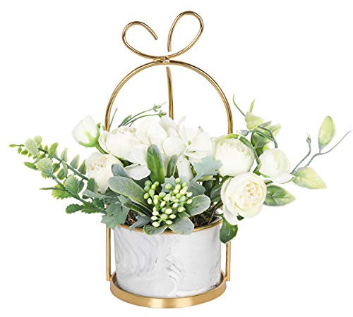 Hobyhoon - Fiori artificiali in seta con vaso, composizione floreale con ortensie e crisantemi, centrotavola, decorazione per la casa, scrivania e soggiorno, matrimoni