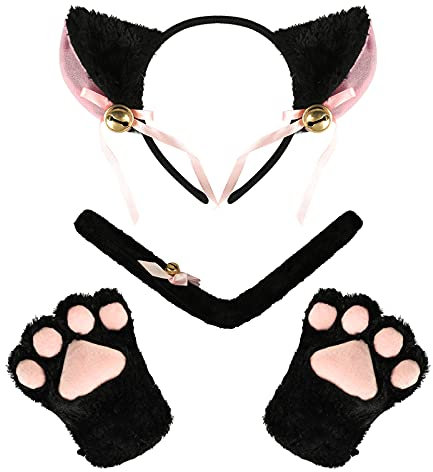 Cat Fox Faux Fur Ears Headband Set for Halloween Party Costume Animal Ears Hair Hoop Band with Bells Bowknot, Animal Paws Claws Gloves and Animal Tail Cosplay Fancy Dress Costume Set Animal Dress Up