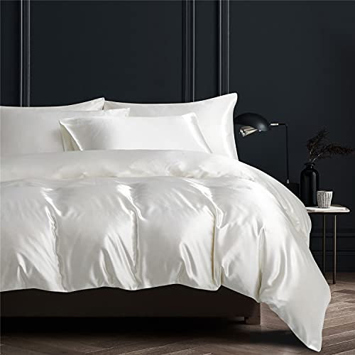 Gezu Housse de Couette 240x260cm Satin Blanc Unie Parure de Lit Soie Lisse Soyeux Brillant Doux Sets de Housse de Couette 2 Personnes avec 2 Taies d'oreiller 65x65cm avec Fermeture Éclair