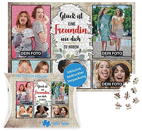 PR Print Royal Foto-Puzzle mit 5 Fotos Bedrucken - Glück ist eine Freundin wie Dich zu haben - Collagen-Puzzle selber gestalten für die Freundin - 500 Teile inkl. hochwertiger Kartonverpackung