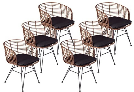 SAM 6er Set Rattanstuhl Nairobi, Farbe Dunkelbraun, inklusive Sitzkissen, Korbstuhl mit Metallfüßen, Geflechtstuhl/Eisenstuhl im Retro-Design, Esszimmerstuhl mit Armlehnen