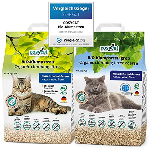 COSYCAT Klumpendes Bio-Katzenstreu aus Holz [100% Natürlich] – in der Toilette entsorgbar – Klumpstreu pflanzlich - Holzstreu (Mix FEIN + GROB, 40 l (20 l + 20 l))