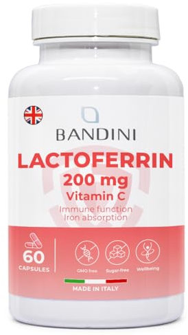 Bandini® LACTOFERRINA PURA 200 Immuno 60 Cápsulas (200 mg de Lactoferrin por CÁPSULA) - Alta Dosis con Vitamina C - Antioxidante Natural para el Sistema Inmunitario - Regula la Absorción del Hierro