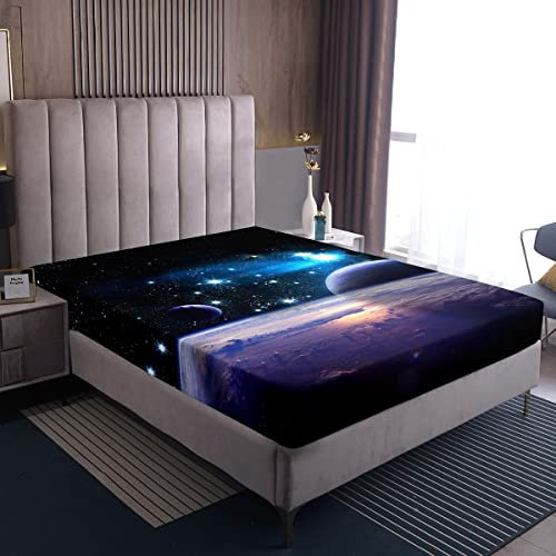 Loussiesd Galaxy Spannbetttuch Blau Galaxis Sterne Spannbettlaken 90x200cm 3D Drucken Galaxie Universum Bettlaken Kinder Jungs Teenager Weltraum Platz Motiv Spannbettlaken Mikrofaser