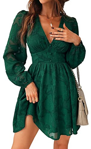 CUPSHE Damen Kleid Spitzenkleid V Ausschnitt Knöpfen Langarm Floral Spitze A Linie Freizeitkleider Elegant Party Mini Dress Grün L