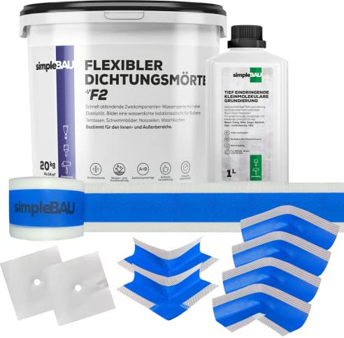 simpleBAU - Flexibler und Wasserdicht Dichtungsmasse F2 20kg, Tief Eindringende, Kleinmolekulare Grundierung 1L, 10m Dichtband, 4 Innenecken, 2 Außenecke, 2 Wandmanschetten