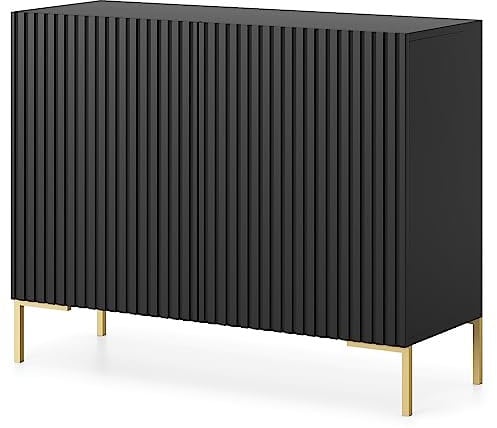 Selsey Kommode Schrank Aufbewahrungsschrank 92 cm 2 Türen 4 Fächer Schwarz Goldene Beine Lammelo