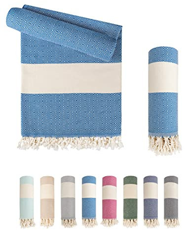 LAYNENBURG 2er-Set Premium Hamamtuch mit handgeknüpften Fransen - 100% Baumwolle - XXL Strandtuch 95x180 cm - Oeko TEX 100 - Strand-Handtuch Karomuster groß - Reisehandtuch & Saunatuch (Himmelblau)