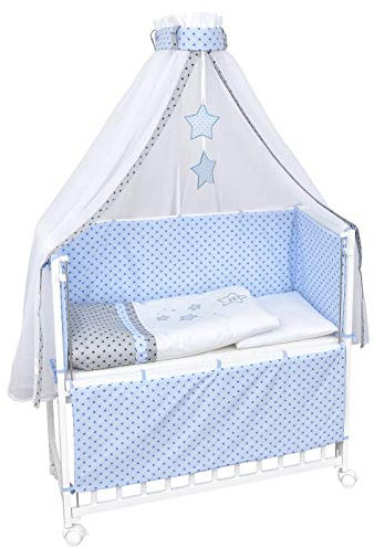 Baby Delux Beistellbett Babybett Stubenwagen weiß 90x40 mobil mit Rädern inkl. Matratze und Bettwäsche Set mehrteilig (Magic Stars blau)