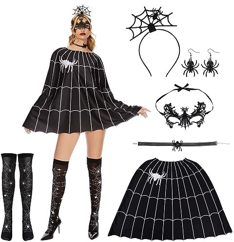 Herenear Halloween Kostüm Spinne, 6 Stück Spinne Kostüm Damen, Spinne Maske, Spinne Haarreifen, Spinnennetz Poncho, Halloween Kostüm Set für Karneval Party Dress Up Erwachsene