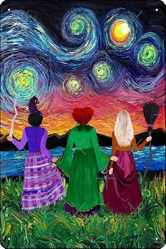 Hocus Pocus Sanderson Sisters in starry night painting Poster Metal Tin Sign Plaque Man Cave Wall 8x12 Inch Wall Art Decoration