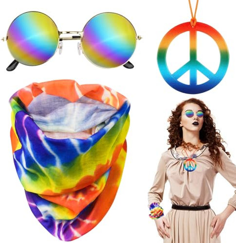 Aurasky Hippie Accessoires Hippie Kostüm Zubehör, 60er Jahre Outfit 70er Jahre Accessoires, Hippie Kleidung mit Retro Brille Halskette Hippie Stirnband für 60er 70er 80er Party Zubehör