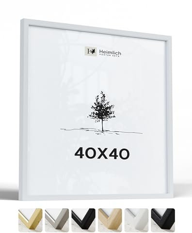 Heimlich® – Bilderrahmen – 40x40 cm, Ayous-Holz, Weiß – Großer quadratischer Bilderrahmen mit Kunststoffabdeckung – Nur zur Wandmontage