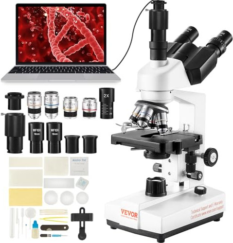 VEVOR Microscopio Ottico Trinoculare Microscopio Ingrandimento 40X-5000X Microscopio Biologico Messa a Fuoco Grossolana Fine Tavolino Biologico 115x125 mm 2 Livelli, Microscopio Trinoculare Composto