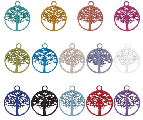 Bestewelry Pendentifs en filigrane en acier inoxydable - Ornements creux en métal gravé - Rond et plat - Arbre coloré - Breloques en forme d'arbre et de lune - Breloques pour fabrication de bijoux,