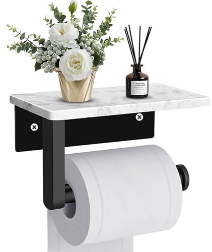 Toilet Paper Holder with Marble Top Shelf Stainless Steel Wall Mounted Toilet Roll Holder Matte Black Tissue Holder with Storage for Bathroom Washroom