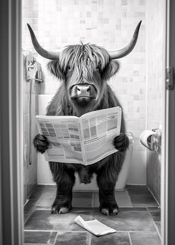 Hochlandrind auf WC, Poster 50cm x 70cm ohne Rahmen, Toilette Badezimmer Deko Bild, Wand-Deko Bilder Lustiges Geschenk