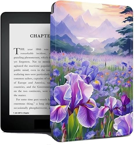Étui pour Kindle Étui en Cuir PU pour Kindle Voyage 2014, Couverture De Liseuse Électronique pour Kindle Voyage, Coque De Protection avec Veille/Réveil Automatique - Fleur D'Iris Violet