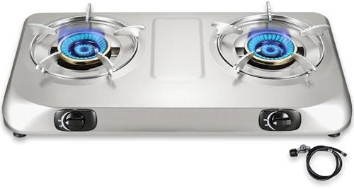 BesNerg 2 Burner Propane Stove Two burner, Portable Stainless Steel Auto Ignition Gas Cooktop, Included Gas Pressure Regulator, Suitable for Outdoor/Camping(Silver)