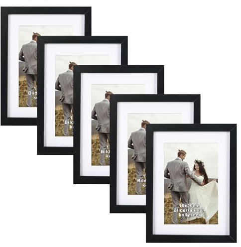 kollyseek set de 5 cadres photo 15x20 cm en MDF et verre acrylique cadre photo noir cadre photo en bois, à suspendre et à poser, salon à poser et à suspendre, cadre décoratif noir