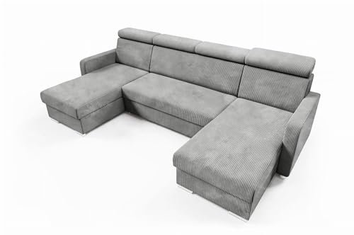 LIKMA Hellgrau Ecksofa Mako U-Form 274x165 cm mit Schlaffunktion (254x125 cm) Eckcouch mit Bettkasten und Verstellbare Kopfstützen Wohnlandschaft Bettsofa mit Stauraum Polstermöbel Sofa 4 Sitzer