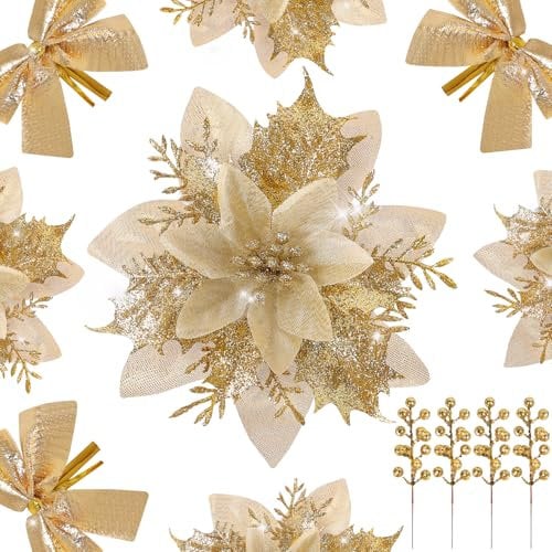 DEEMEI 12Pcs Christmas Decorations Set Glitter Poinsettia with Clips Stems Berries Bows Ornaments for Xmas Tree Wreath Garland Gifts Decor (Gold)