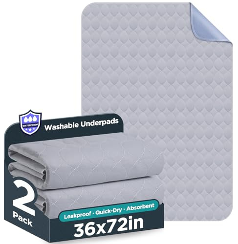 Washable Bed Pads 36 x 72 - 2 Pack, Grey, Waterproof Bed Pads for Incontinence, Bed Wetting Pads for Bed, Sofa, Floor, Resuable Underpads for Adults, Seniors, Pet