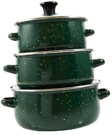 BIUDECO 3stücke Teiliges Enamel Stew Pot Mit Doppelgriff Flachem Boden Und Deckel Für Induktionsherde Und Gasherde Vintage Grün Für Vielseitige Kochbedürfnisse
