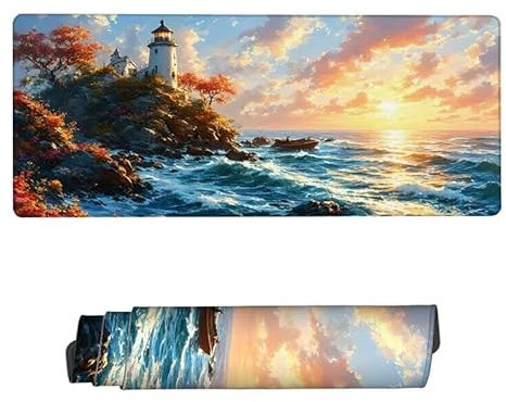 Tapis de Souris XXL 1000x500x3mm,Tapis de Souris Flots sous Main Bureau,Tapis Souris Phare Tapis de Souris Gamer Imperméable Antidérapant,Tapis de Bureau avec Bords Surpiqués,Accessoire Bureau RS-721