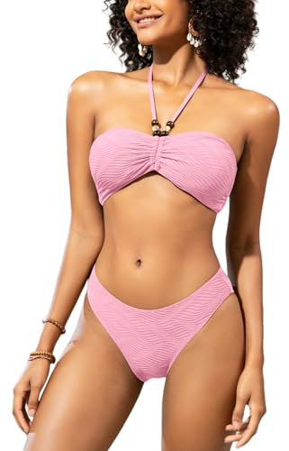 SHEKINI Damen Textur Halter Bandeau Perlen Krawatte Zurück String Bikini Oberteile Mittlere Abdeckung Bikinihosen Zweiteilige Badeanzug Badeanzüge Bademode
