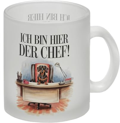 Ich bin hier der Chef Glas Tasse Dackel auf Bürostuhl Lustiger Hundemotiv-Becher für das Büro