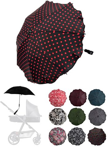 BambiniWelt by Rafael K. Sonnenschutz universal [Sonnenschirm für Kinderwagen] Buggy UV Schutz 50+ mit Universalhalterung biegsamer Schirm für Rund- und Ovalrohre verstellbar (schwarz-rot Punkte)