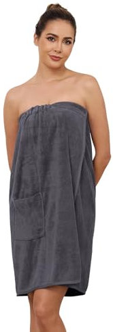 Komfokore Damen Bademantel knielang mit Knopfverschluss – Leichter Spa-Mantel mit verstellbarem Verschluss & praktischen Seitentaschen DunkelGrau XL